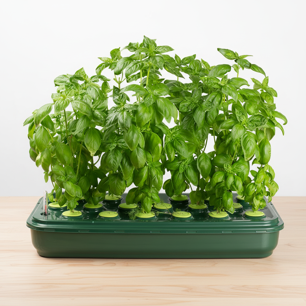 A green hydroponic basin filled with water and featuring a group of lush green plants. The basin is equipped with premium net cups.